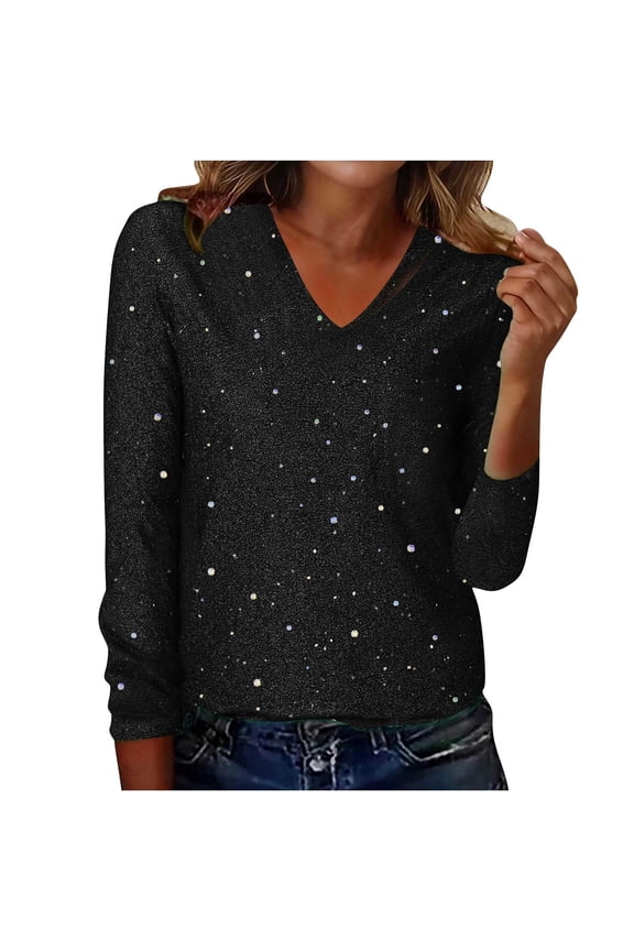 Sparkly Tops for Women Sequin V Neck Long Sleeve Pullovers Trendy Party Holiday Shimmer Classic Fit Shirt for Evening Party
