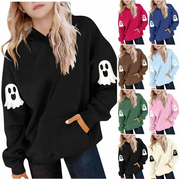 Kilaqueen Spooky Season Hooded Sweatshirt for Girls/Boys Casual Long Sleeve Halloween Ghost Simple Hoodies with Pockets Size 4-14