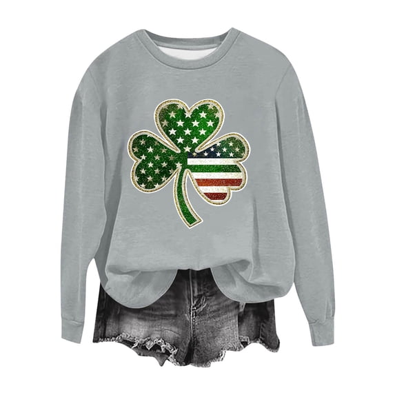 Kilaqueen St Patrick's Day Womens Sweatshirt Long Sleeve Crewneck Shamrock Clover Print Shirts Tees Casual Love Irish Clover Sweatshirt