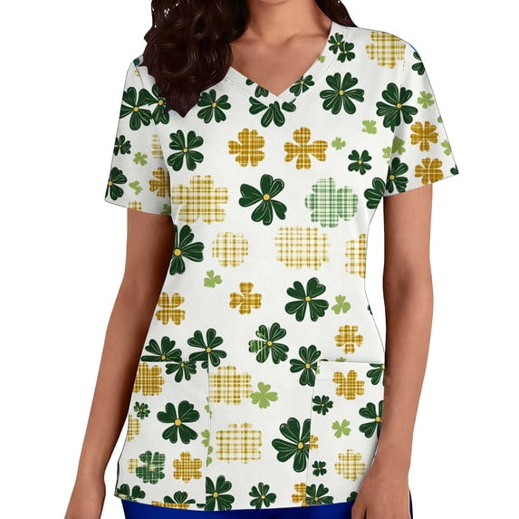 Kilaqueen St. Patrick's Print Scrubs for Women Short Sleeve V Neck Medical Nursing Shirts with Pockets