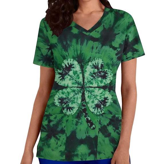 Kilaqueen St. Patrick's Print Scrubs for Women Short Sleeve V Neck Medical Nursing Shirts with Pockets