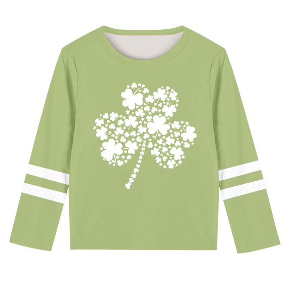 Kilaqueen St Patricks Day Kids Shirt Long Sleeve Crew Neck Shamrock Print Pullover Tops Casual Trendy Festival Vacation Tees 3-14Y