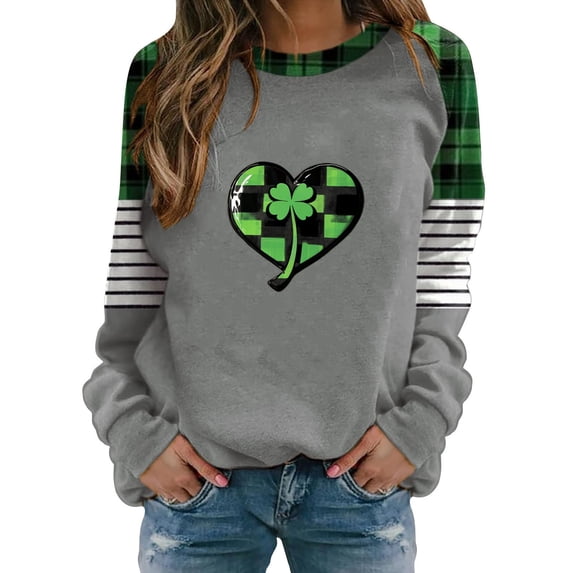 Kilaqueen St Patricks Day Womens Sweatshirt Crew Neck Long Sleeve Funny Plaid Pullover Tops Casual Classic Fit Holiday Vacation Sweatshirts