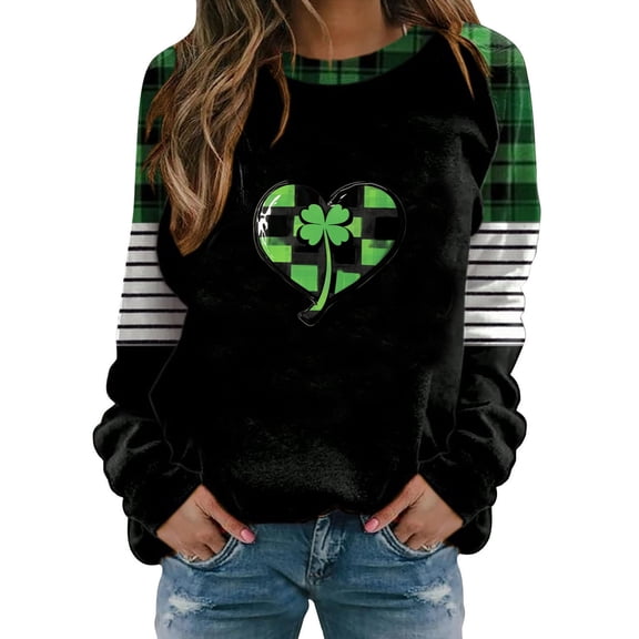 Kilaqueen St Patricks Day Womens Sweatshirt Crew Neck Long Sleeve Funny Plaid Pullover Tops Casual Classic Fit Holiday Vacation Sweatshirts