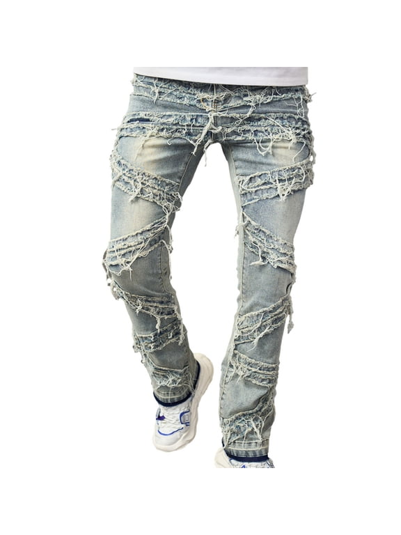 Stacked Jeans for Men Patchwork Frayed Straight Leg Ripped Denim Pants Y2K Slim Fit Hip Hop Trouser Streetwear