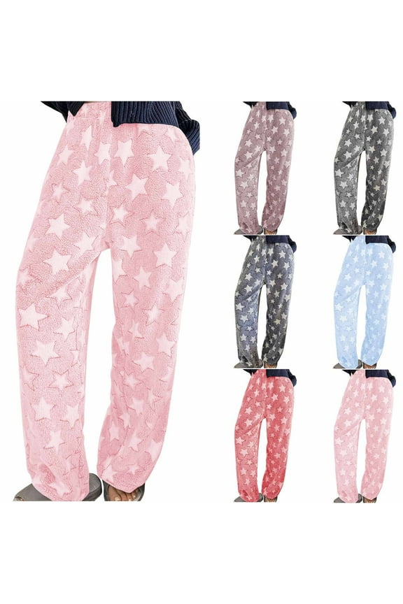 Star Pattern Womens Pajama Pants Casual Oversized Wide Leg Pants Elastic Waist Loose Fitness Lounge Pants with Pockets Fuzzy Pj Bottoms Sleepwear