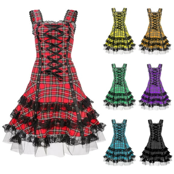 Kilaqueen Steampunk Lace Up Plaid Skirt Medieval Renaissance Y2K Corset Mini Dress for Women Sleeveless Cami Gothic Lace Trim Halloween Costumes