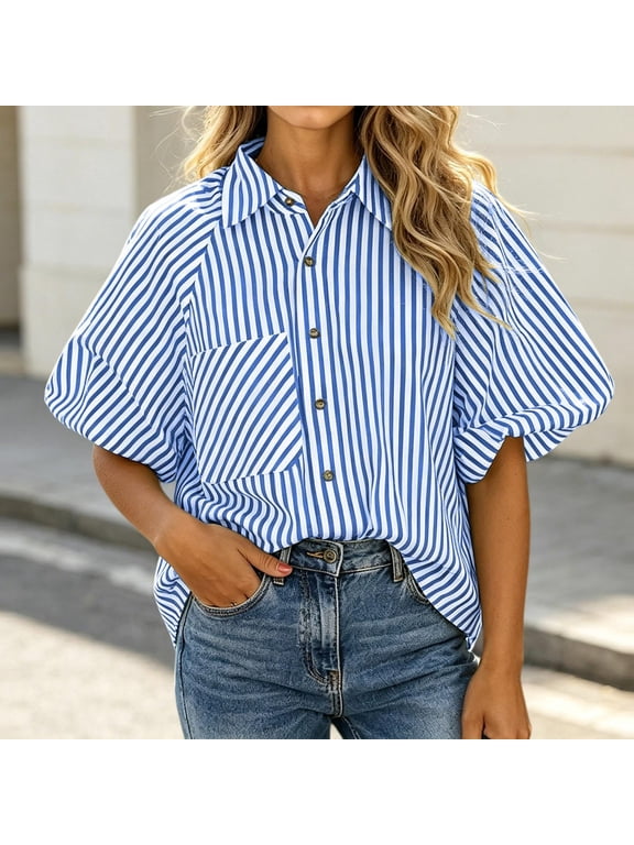 Striped Bubble Short Sleeve Shirts for Women, Lapel Collar Button Down Loose Oversized Blouse with Chest Pocket, Lightweight Breathable Casual Office Work Shirts