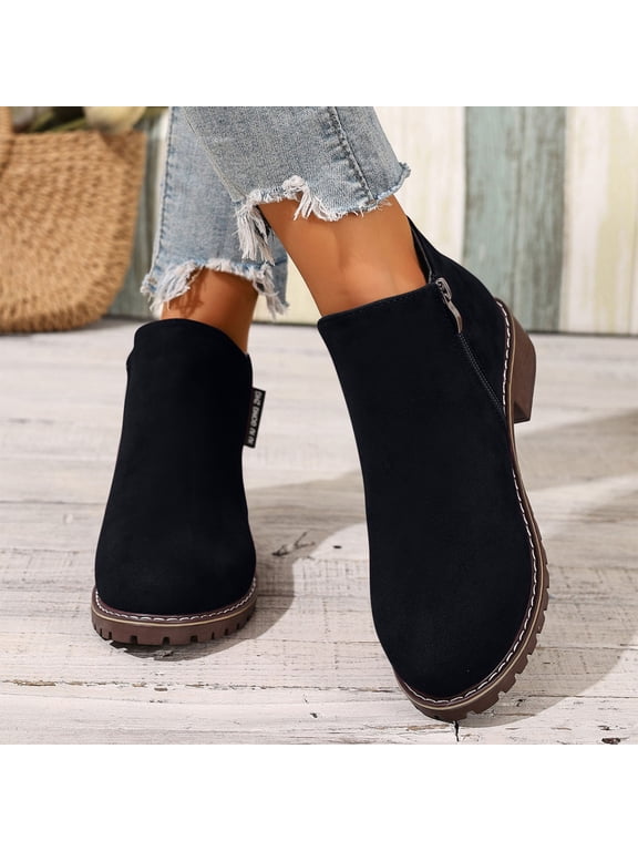 Suede Womens Ankle Boots Vintage Round Toe Low Block Heel Short Boots Comfortable Warm Fall Booties Casual Non-Slip Walking Boot with Side Zipper