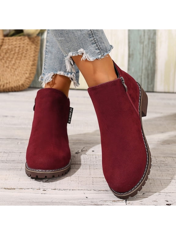 Suede Womens Ankle Boots Vintage Round Toe Low Block Heel Short Boots Comfortable Warm Fall Booties Casual Non-Slip Walking Boot with Side Zipper