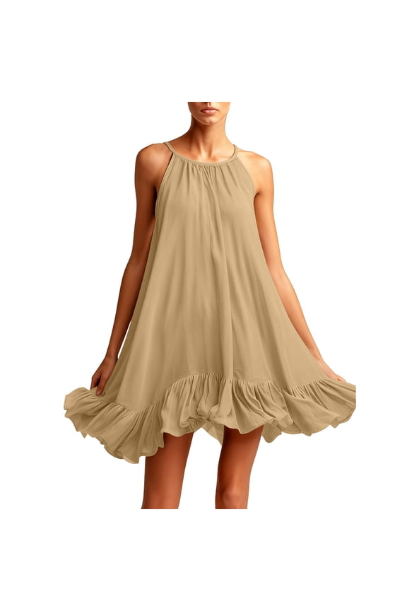 Summer Mini Dresses for Women Spaghetti Strap Ruffle Hem Short Flowy Cotton Dress Casual Beach Vacation Dresses Fashion Crewneck Sleeveless Loose Fit Sundresses