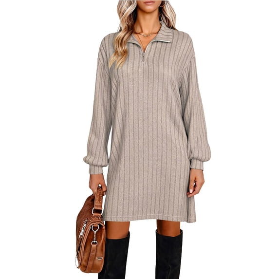 Kilaqueen Sweater Dress for Women Long Sleeve 1/4 Zipper Collared Ribbed Knit Dress Casual Solid Color Warm Relaxed Fit Dresses