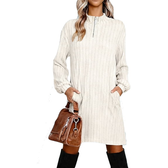 Kilaqueen Sweater Dress for Women Long Sleeve 1/4 Zipper Collared Ribbed Knit Dress Casual Solid Color Warm Relaxed Fit Dresses