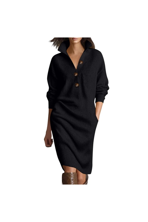 Sweater Dress for Women Long Sleeve Button Up Lapel V Neck Mid Length Knit Dress with Pockets Solid Color Fashion Stretch Sweater Dress