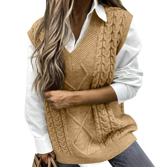 Kilaqueen Sweater Vest Women Sleeveless V Neck Chunky Cable Knit Pullover Tops Solid Color Casual Loose Fit Warm Sweater