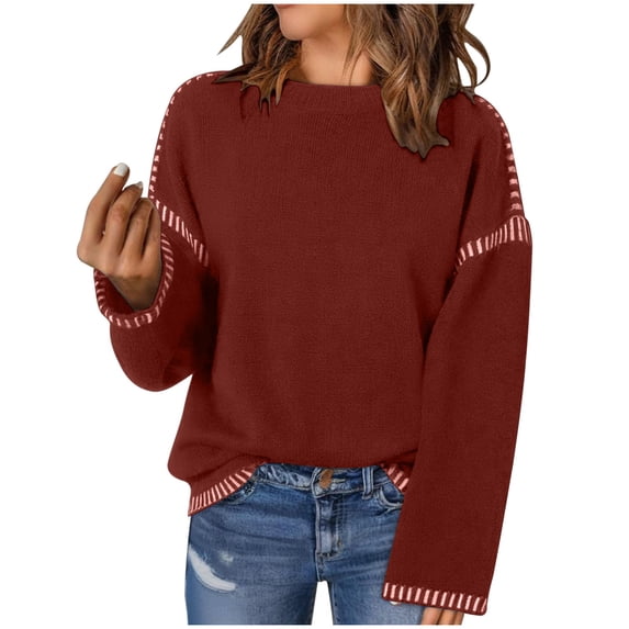 Kilaqueen Sweaters for Women Fashion Solid Crewneck Loose Fit Long Sleeve Contrast Cable Knit Pullover Sweater Fall Winter Casual Classic Soft Jumper Tops