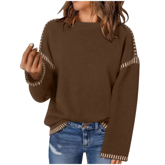 Kilaqueen Sweaters for Women Fashion Solid Crewneck Loose Fit Long Sleeve Contrast Cable Knit Pullover Sweater Fall Winter Casual Classic Soft Jumper Tops