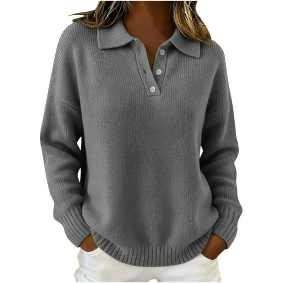 Kilaqueen Sweaters for Women Button V Neck Lapel Collar Long Sleeve Knit Pullover Tops Casual Trendy Comfy Solid Color Sweater