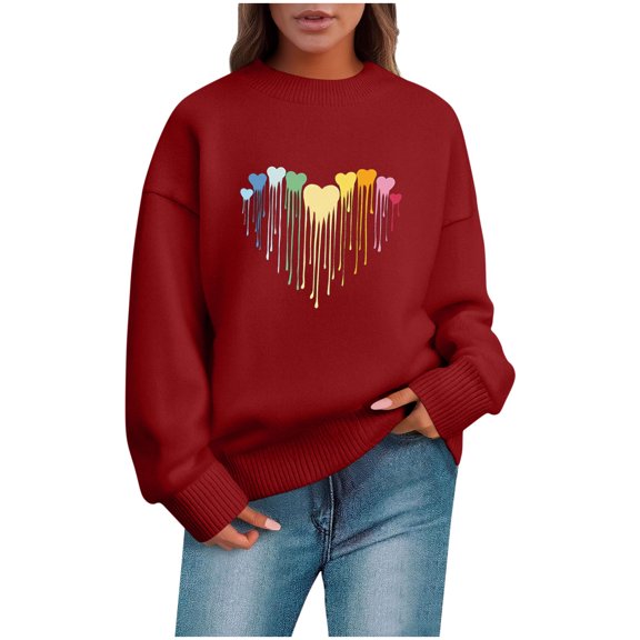 Kilaqueen Sweaters for Women Valentines Cute Print Long Sleeve Crew Neck Knit Pullover Tops Casual Trendy Warm Loose Fit Sweater
