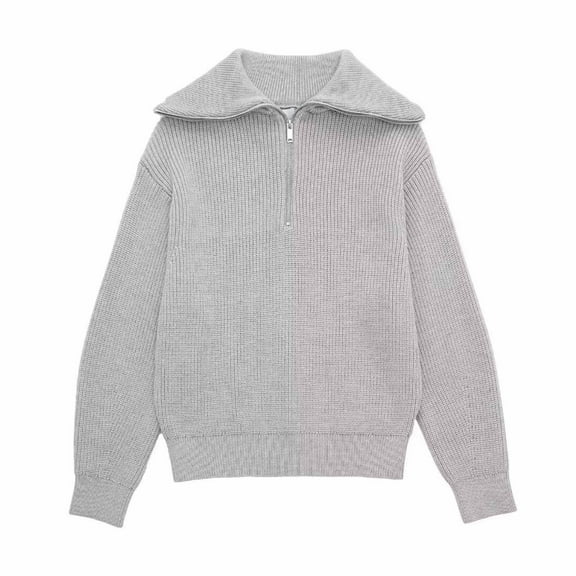 Kilaqueen Sweaters for Women Zip Up Lapel Long Sleeve Knit Pullover Tops Solid Color Loose Fit Warm Sweater