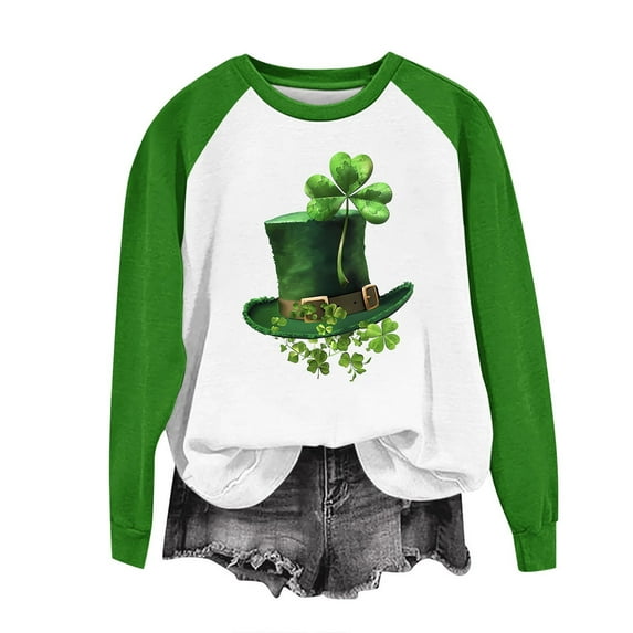 Kilaqueen Sweatshirt for Women St Patricks Day Shamrock Raglan Long Sleeve Crew Neck Pullover Tops
