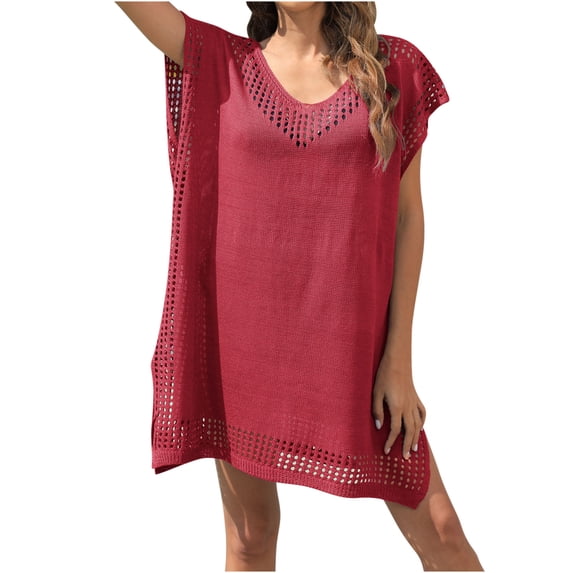 Kilaqueen Swimsuit Coverup for Women Hollow Out Crochet Short Sleeve Crew Neck Tunic Tops 2026 Trendy Solid Color Beach Vacation Bikini Cover Up