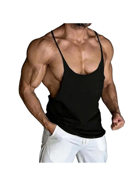 Tank Tops Men Deep U Neck Double-Strap Sleeveless Stringer Tank Solid Color Quick Dry Gym Bodybuilding Athletic Workout Basic Tees