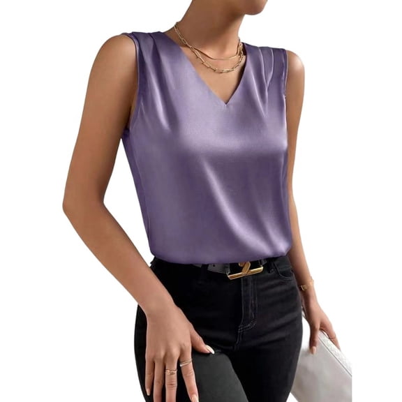 Kilaqueen Tank Tops for Women Satin V Neck Sleeveless Pleated Shirts Casual Solid Color Dressy Work Business Summer Shirts