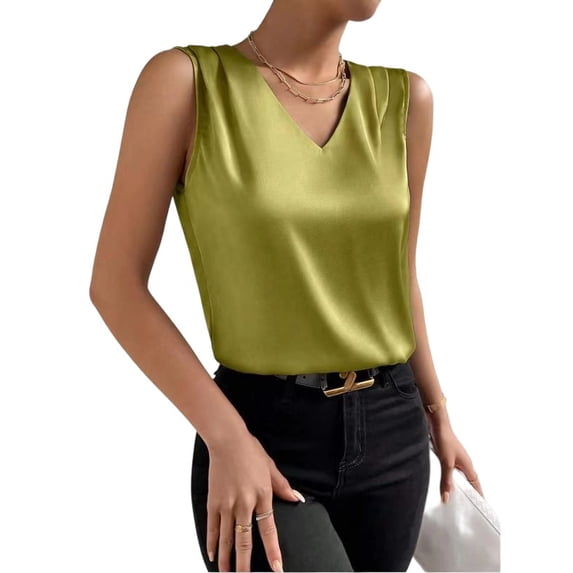 Kilaqueen Tank Tops for Women Satin V Neck Sleeveless Pleated Shirts Casual Solid Color Dressy Work Business Summer Shirts