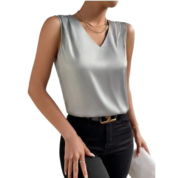 Kilaqueen Tank Tops for Women Satin V Neck Sleeveless Pleated Shirts Casual Solid Color Dressy Work Business Summer Shirts