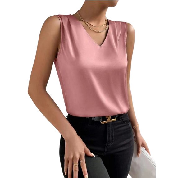Kilaqueen Tank Tops for Women Satin V Neck Sleeveless Pleated Shirts Casual Solid Color Dressy Work Business Summer Shirts