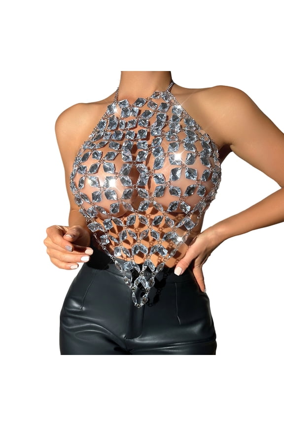 Tank Tops for Women Sparkly Gemstones Splicing Halter Chain Top Rhinestone Nightclub Club Party Rave Crop Vest