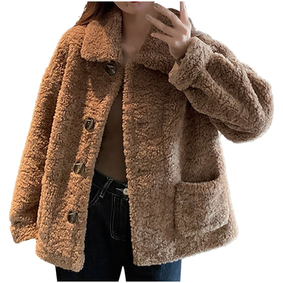 Kilaqueen Teddy Jacket Women Long Sleeve Lapel Button Down Thickened Warm Furry Coats with Pockets Loose Fit Trendy Casual Coats