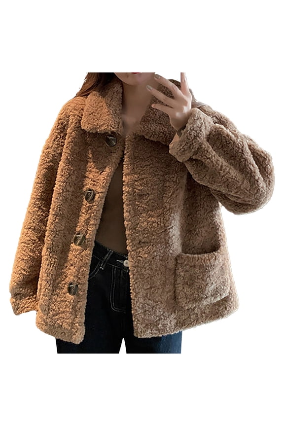 Teddy Jacket Women Long Sleeve Lapel Button Down Thickened Warm Furry Coats with Pockets Loose Fit Trendy Casual Coats