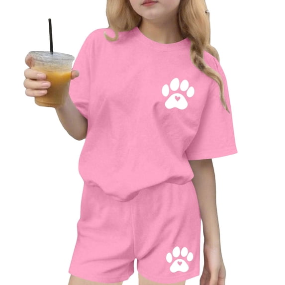 Kilaqueen Teen Girl Cute Paw Print Summer 2 Piece Outfits Loose Crewneck Short Sleeve T-Shirt Matching Shorts Sets