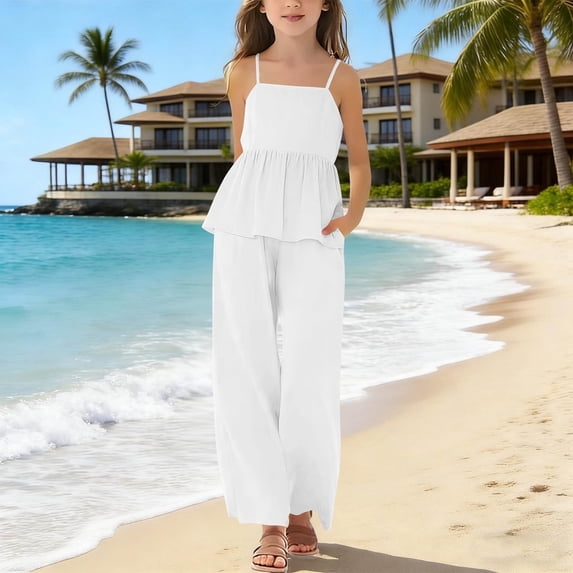 Kilaqueen Teen Girls 2 Piece Outfit Trendy Cute Sleeveless Ruffle Cami Top Wide Leg Pants Matching Set Summer Beach Vacation Sets