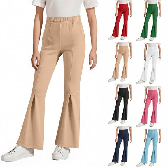 Kilaqueen Teen Girls Bell Bottom Pants Solid School Uniform Pants High Waisted Flared Pants Flowy Soft Stretchy Leggings 4-15Years