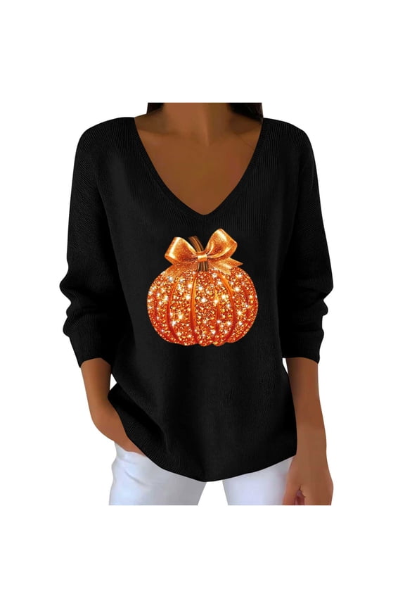 Thanksgiving Shirts for Women 2025 V Neck Sequin Pumpkin Print Halloween Sweater Thankful Holiday Tops Fall Outfits