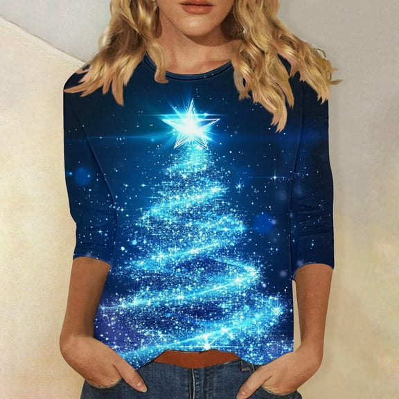 Kilaqueen Three Quarter Sleeve Christmas Tops for Women Glitter Xmas Tree Cute Print Tunic Blouses Plus Size Crewneck Holiday Shirt Pullover