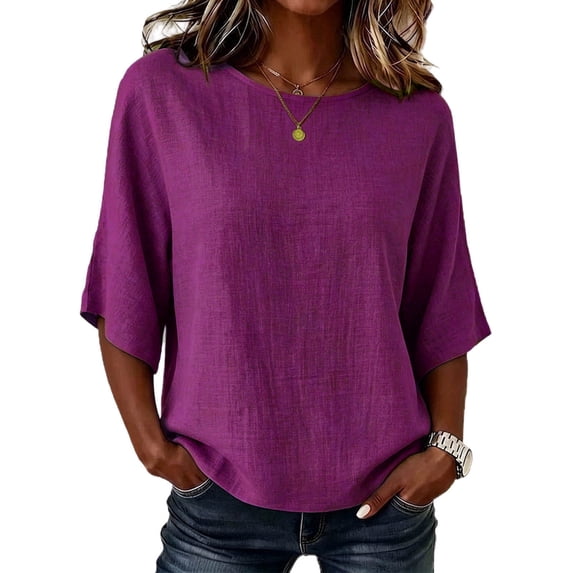 Kilaqueen Three Quarter Sleeve Tops for Women, Crew Neck Loose Oversized Solid Vacation Relaxed Blouse, Breathable Casual Beach Cotton Linen Shirt