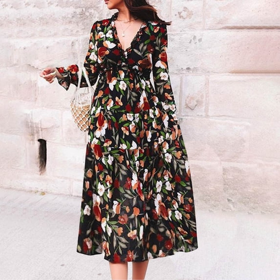 Kilaqueen Tiered Boho Dresses for Women Fashion V Neck Ruffle Flowy Maxi Dresses Long Sleeve Wedding Guest Plus Size Dresses Lightweight Floral Beach Dresses