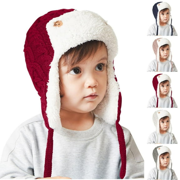 Kilaqueen Toddler Baby Knit Trapper Hat with Ear Flaps Little Boys Girls Beanie Bootie Set for Cold Weather Comfy Fleece Winter Warm Hat 1-3 Years