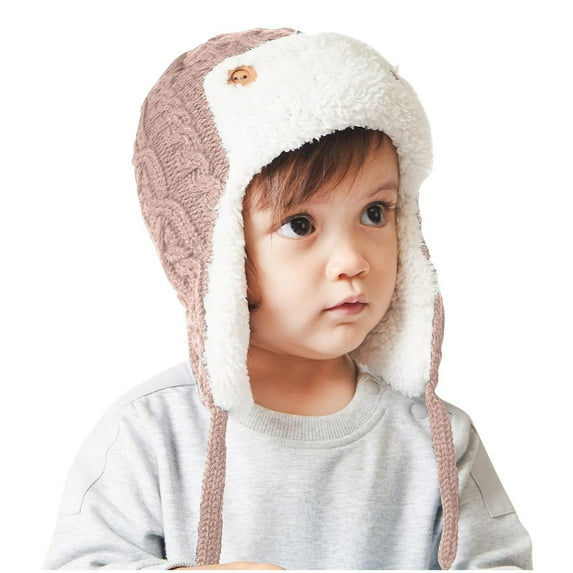 Kilaqueen Toddler Baby Knit Trapper Hat with Ear Flaps Little Boys Girls Beanie Bootie Set for Cold Weather Comfy Fleece Winter Warm Hat 1-3 Years