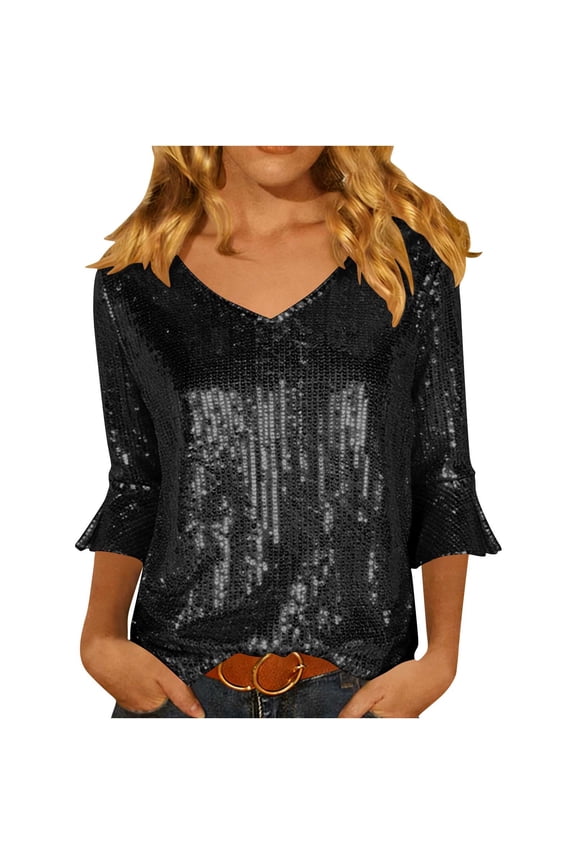Tops for Women Trendy Sparkly Sequin V Neck 3/4 Flare Sleeve Pullover Tops Casual Solid Color Trendy Dressy Concert Party Disco Evening T Shirt