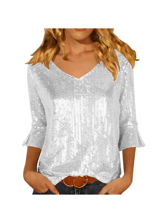Tops for Women Trendy Sparkly Sequin V Neck 3/4 Flare Sleeve Pullover Tops Casual Solid Color Trendy Dressy Concert Party Disco Evening T Shirt