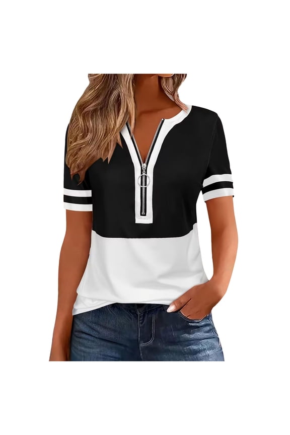 Tops for Women Half Zip Crew Neck Color Block Striped Short Sleeve Shirts Casual Relaxed Fit Summer Tunic Top