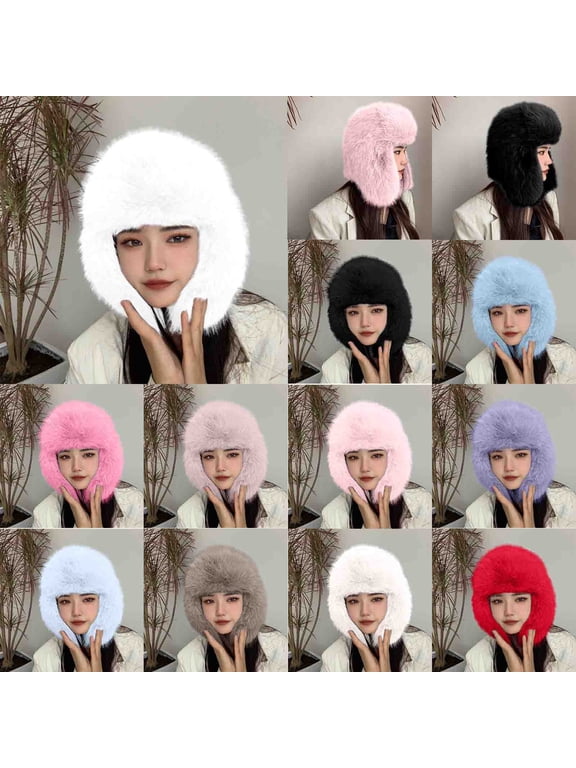 Trendy Faux Mink Fur Trapper Hats for Ladies Furry Warm Hat Windproof Full Hood Earflap Hat Cold Weather Soft Comfy Cycling Ski Hats