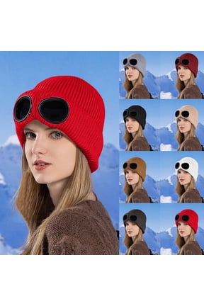 Trendy Knitted Goggles Beanie Hats for Unisex Thick Fleece Lined Winter Skull Cap with Ear Flaps Windproof Warm Outdoor Sports Cap