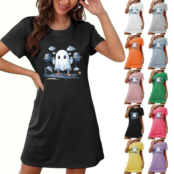 Kilaqueen Trendy Nightgowns for Women Spooky Ghost Pumpkin Pattern Nightshirts Short Sleeve Nightgown Dress Casual Fall Pajamas Soft Sleepwear