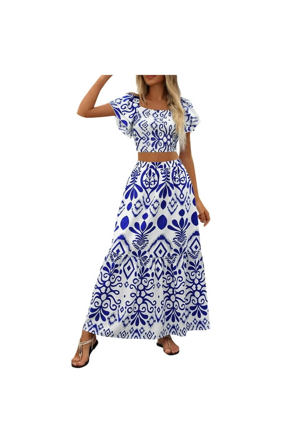 Two Piece Sets for Women Boho Floral Print Short Sleeve Crop Tops and Maxi Skirt Casual Fashion Holiday Vacation Beach Skirt Set